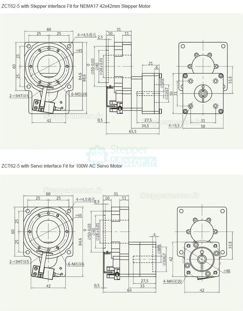 Plateau rotatif à alésage creux ZCT62-5/ZCT62-10 rapport 5:1 10:1 pour servomoteur ca 42 mm 10000W/Moteur pas à pas